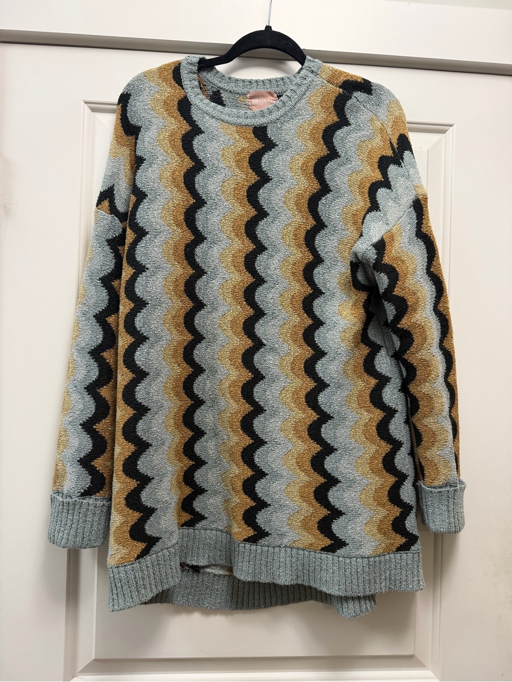 Show Me Your MuMu Wavy Stripe Crewneck in Light Blue, Mustard, Black, and Gray